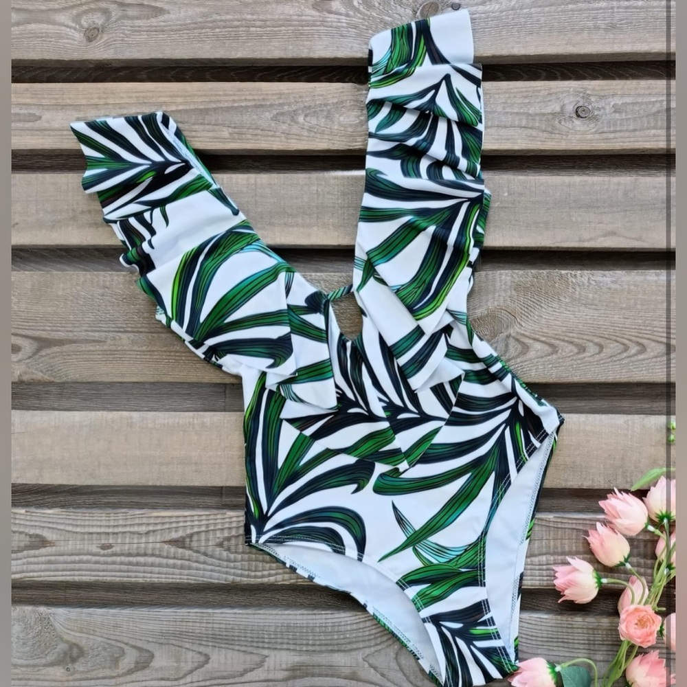 Women One Piece Swimsuit V-Neck Ruffle Bathing Suit Padded Monokini SMALL